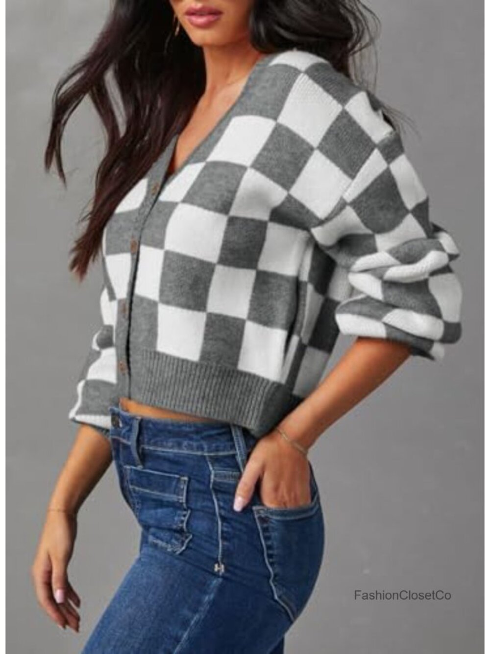 Women's Cable Knit Plaid Cardigan - V Neck Button Down Cropped Sweater - Picture 2 of 6